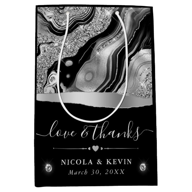 Elegant Black Foil & Silver Glitter Agate Wedding Medium Gift Bag (Front)