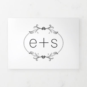 Elegant black frame and initials monogram wedding Tri-Fold invitation