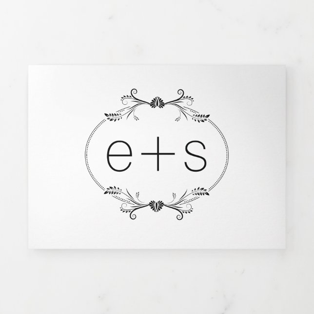 Elegant black frame and initials monogram wedding Tri-Fold invitation (Cover)