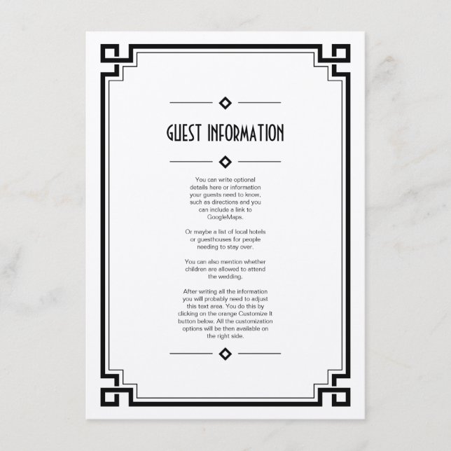 Elegant Black Frame Art Deco Wedding Insert Card (Front)