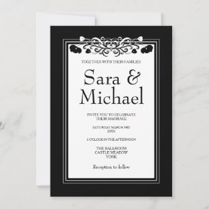 Elegant Black Frame & Floral Flourish Invitation