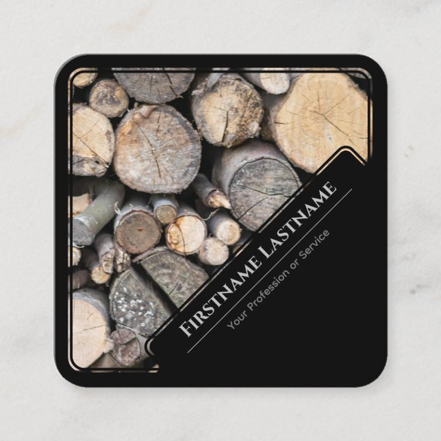 Elegant black framed wooden style wood stack square business card (Front)