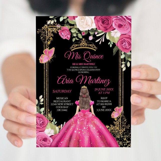 Elegant Black Fuchsia Pink Floral Mis Quince Invitation (Creator Uploaded)