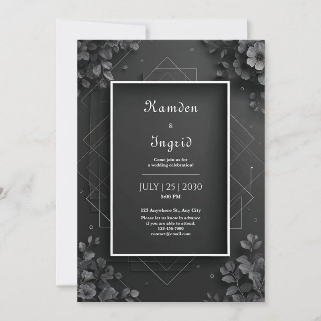 Elegant Black Geometric Floral Wedding  Invitation (Front)