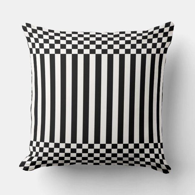 Elegant Black Geometric Stripes & Chequered White Cushion (Front)