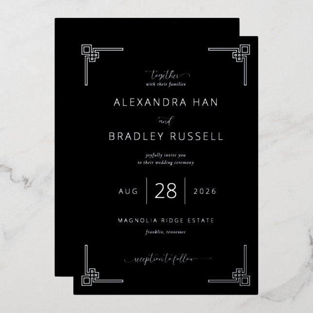 Elegant Black Geometric Wedding Invitations (Front/Back)