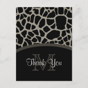 Elegant Black Giraffe Print Monogram Thank You Postcard