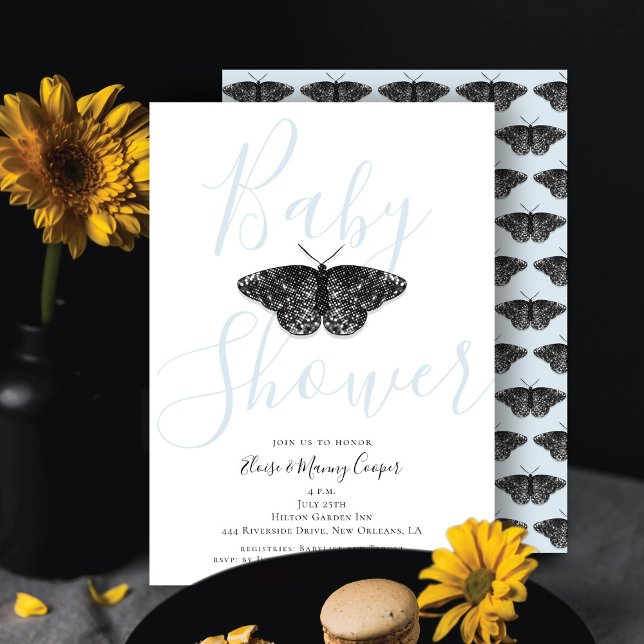 Elegant Black Glitter Butterfly Cream Baby Shower  Invitation (Creator Uploaded)