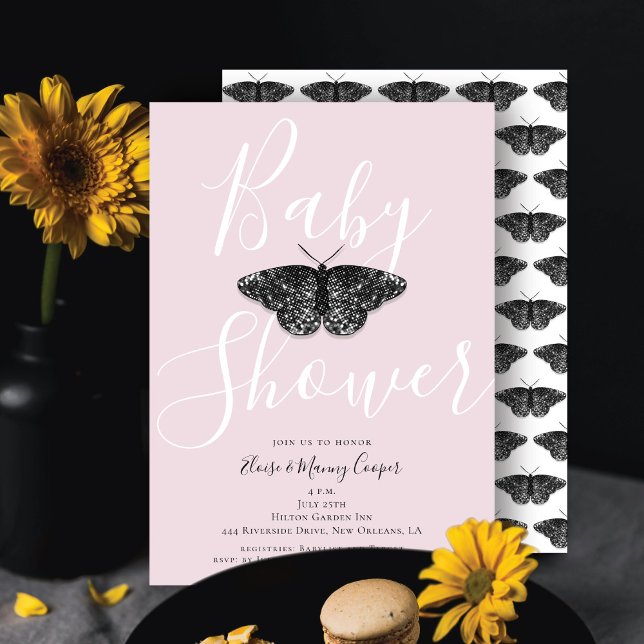 Elegant Black Glitter Butterfly Pink Baby Shower  Invitation (Creator Uploaded)