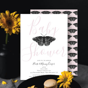 Elegant Black Glitter Butterfly Pink Baby Shower Invitation