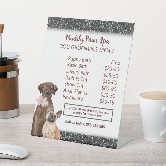 Elegant Black Glitter Dog Grooming Menu Pedestal Sign (In SItu)