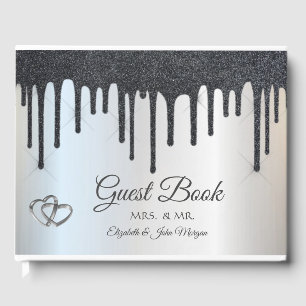 Elegant Black Glitter Drips Hearts Wedding Guest Book