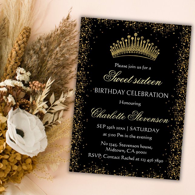 Elegant Black Glitter Gold Crown Sweet 16 Birthday Invitation (Creator Uploaded)