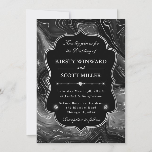 Elegant Black Glitter Marble Gothic Glam Wedding Invitation (Front)