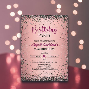 Elegant Black Glitter Metallic Pink 22nd Birthday Invitation