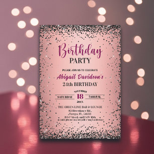 Elegant Black Glitter Metallic Pink 24th Birthday Invitation