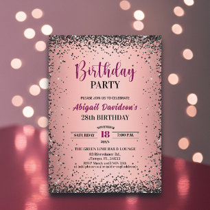 Elegant Black Glitter Metallic Pink 28th Birthday Invitation