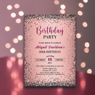Elegant Black Glitter Metallic Pink 30th Birthday Invitation