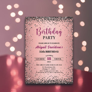 Elegant Black Glitter Metallic Pink 35th Birthday Invitation