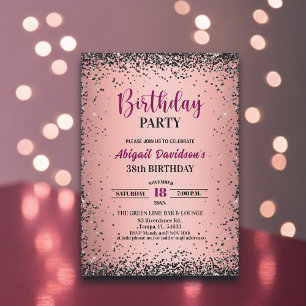 Elegant Black Glitter Metallic Pink 38th Birthday Invitation