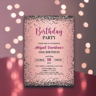 Elegant Black Glitter Metallic Pink 40th Birthday Invitation