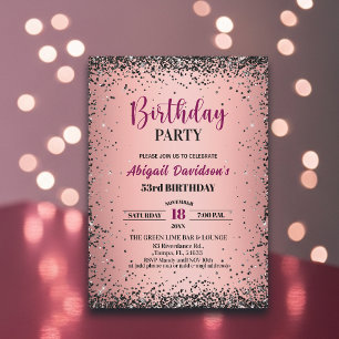 Elegant Black Glitter Metallic Pink 53rd Birthday Invitation