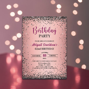 Elegant Black Glitter Metallic Pink 62nd Birthday Invitation
