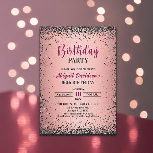 Elegant Black Glitter Metallic Pink 66th Birthday Invitation