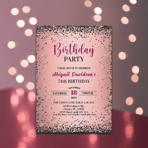 Elegant Black Glitter Metallic Pink 74th Birthday Invitation