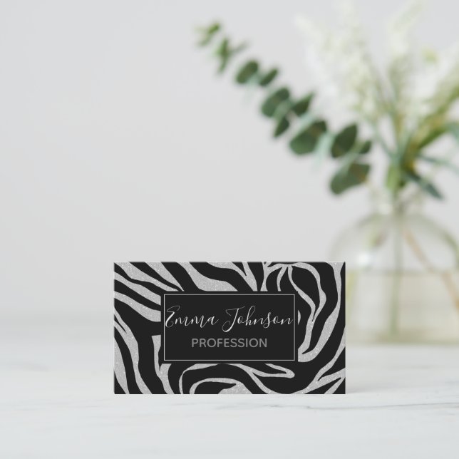 Elegant Black Glitter Silver Zebra Animal Print Business Card (Standing Front)