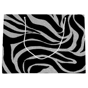 Elegant Black Glitter Silver Zebra Animal Print Large Gift Bag
