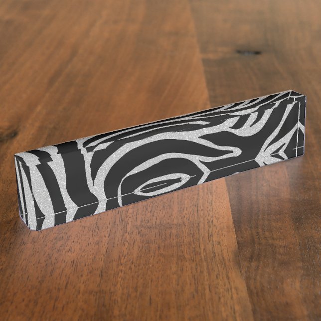 Elegant Black Glitter Silver Zebra Animal Print Nameplate (Side)