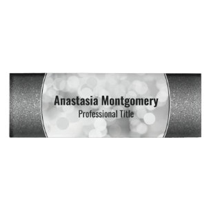Elegant Black Glitter White Bokeh  Black Text Name Tag