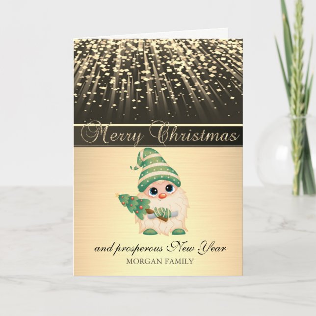 Elegant Black,Gnome Pine Tree Holiday Card (Front)