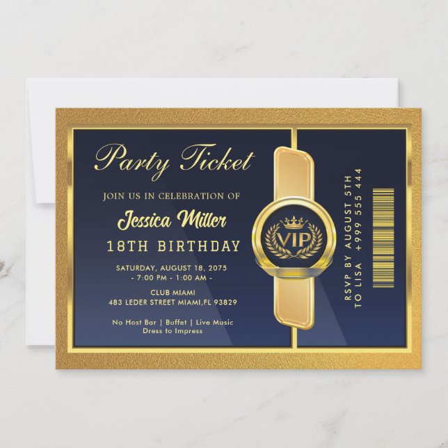 Elegant Black & Gold 18th Birthday Ticket Invite (Front)