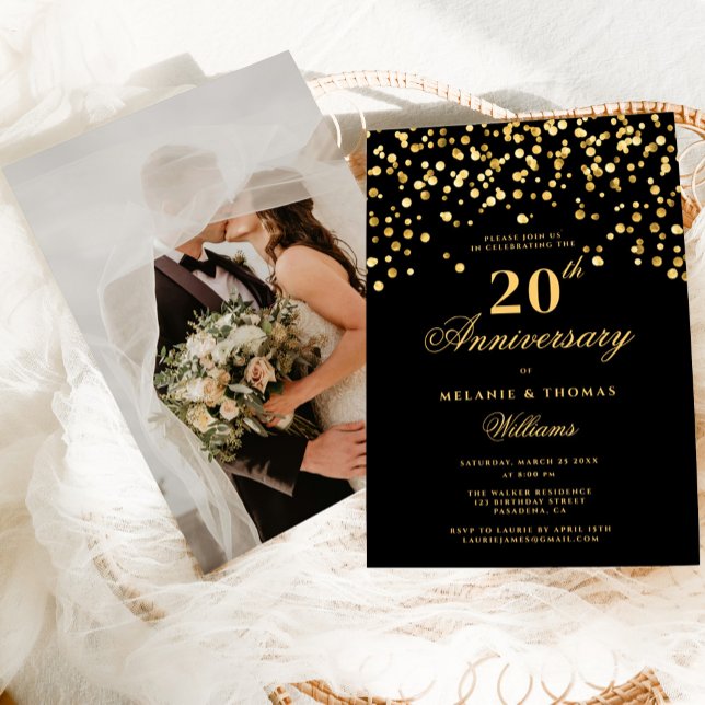 Elegant Black & Gold 20th Wedding Anniversary  Invitation (Creator Uploaded)