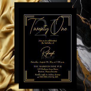 Elegant Black Gold 21st Birthday Art Deco Party Invitation