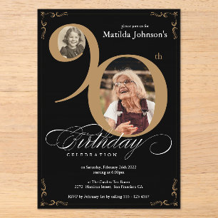 Elegant Black Gold 2 Photo Custom 90th Birthday Acrylic Invitations