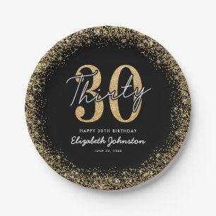 Elegant Black Gold 30th Birthday Paper Plates