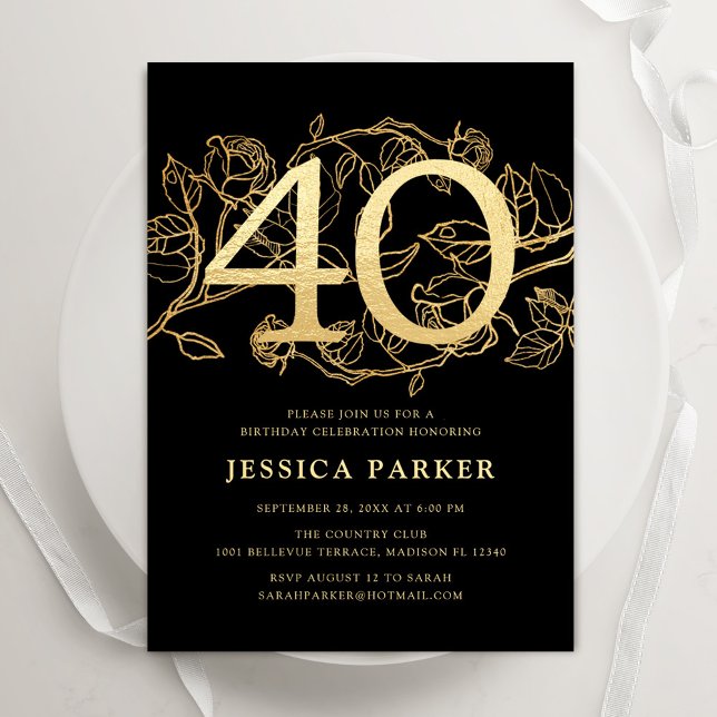 Elegant Black Gold 40th Birthday Invitation (Creator Uploaded)