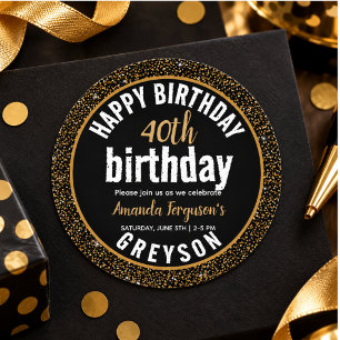 Elegant Black & Gold 40th Birthday Party Classic Round Sticker