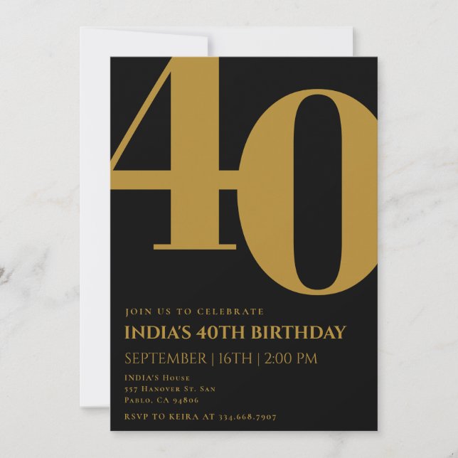 Elegant Black & Gold 40th Birthday Party  Invitation (Front)