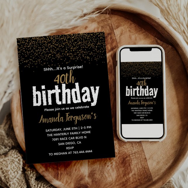 Elegant Black & Gold 40th Birthday Party Invitation (Creator Uploaded)