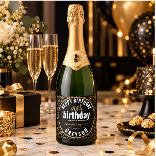 Elegant Black & Gold 40th Birthday Party Sparkling Wine Label