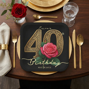 Elegant Black Gold 40th Birthday Red Rose Floral Paper Plate