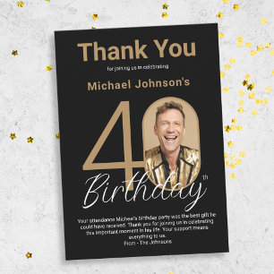 Elegant Black Gold 40th Birthday Thank You Card