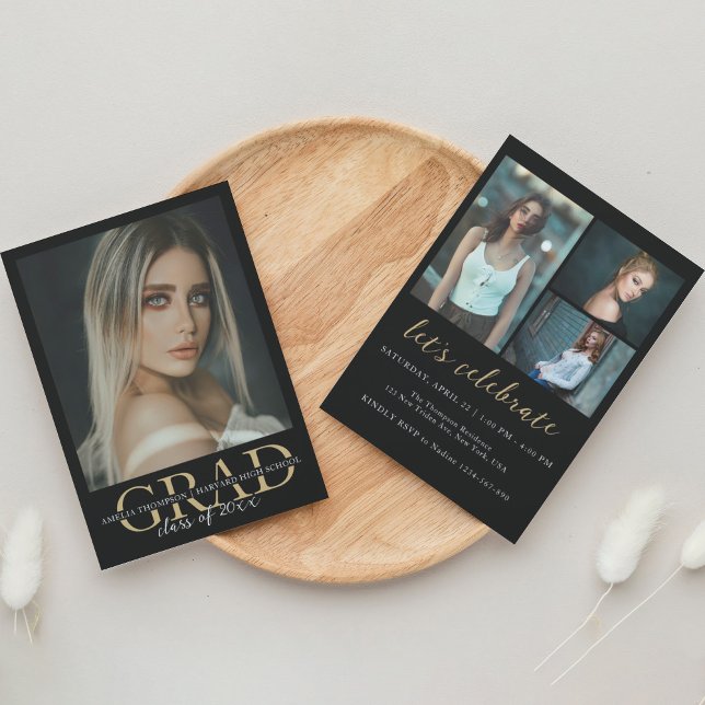 Elegant Black Gold 4 Photo Graduation Party Invitation (Creator Uploaded)