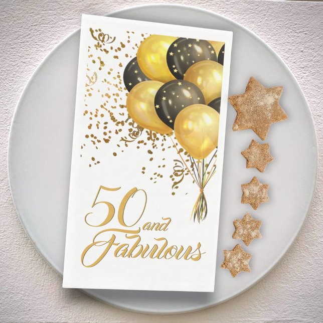 Elegant Black Gold 50th Birthday Confetti Balloons Napkin (guest towel)