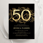 Elegant Black Gold 50th Birthday Invitation<br><div class="desc">Elegant black gold 50th birthday party invitation. Customisable modern feminine design featuring roses botanical accents and faux glitter gold. Simple floral invite card perfect for a stylish female bday celebration. Personalise with your own details. Printed Zazzle invitations or instant download digital printable template.</div>