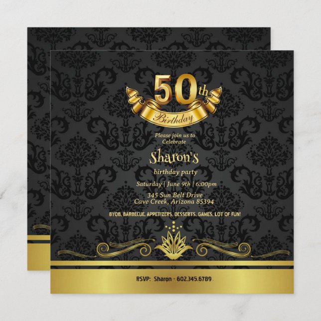 Elegant Black & Gold 50th Birthday Party Invitatio Invitation (Front/Back)
